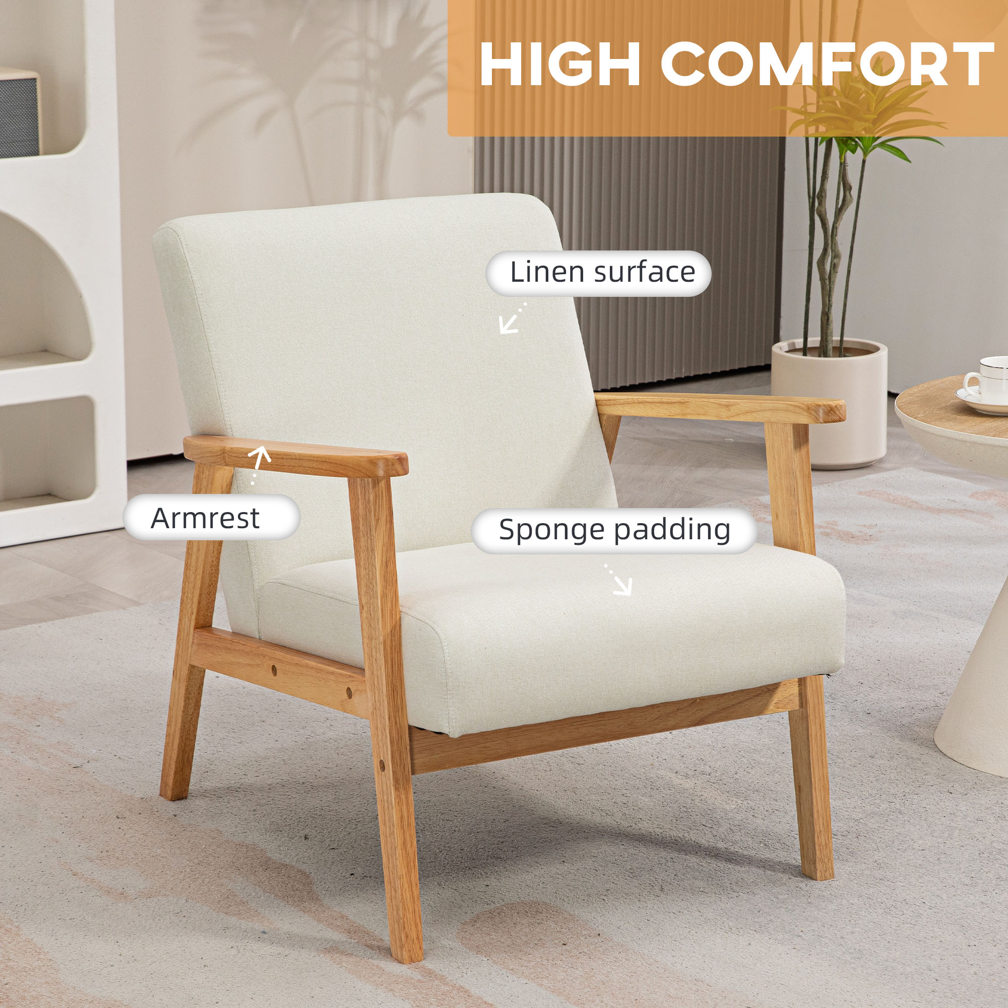 Fabric Accent Chair for Living Room, Arm Chair with Rubber Wood Frame and Padded Cushion, Cream White