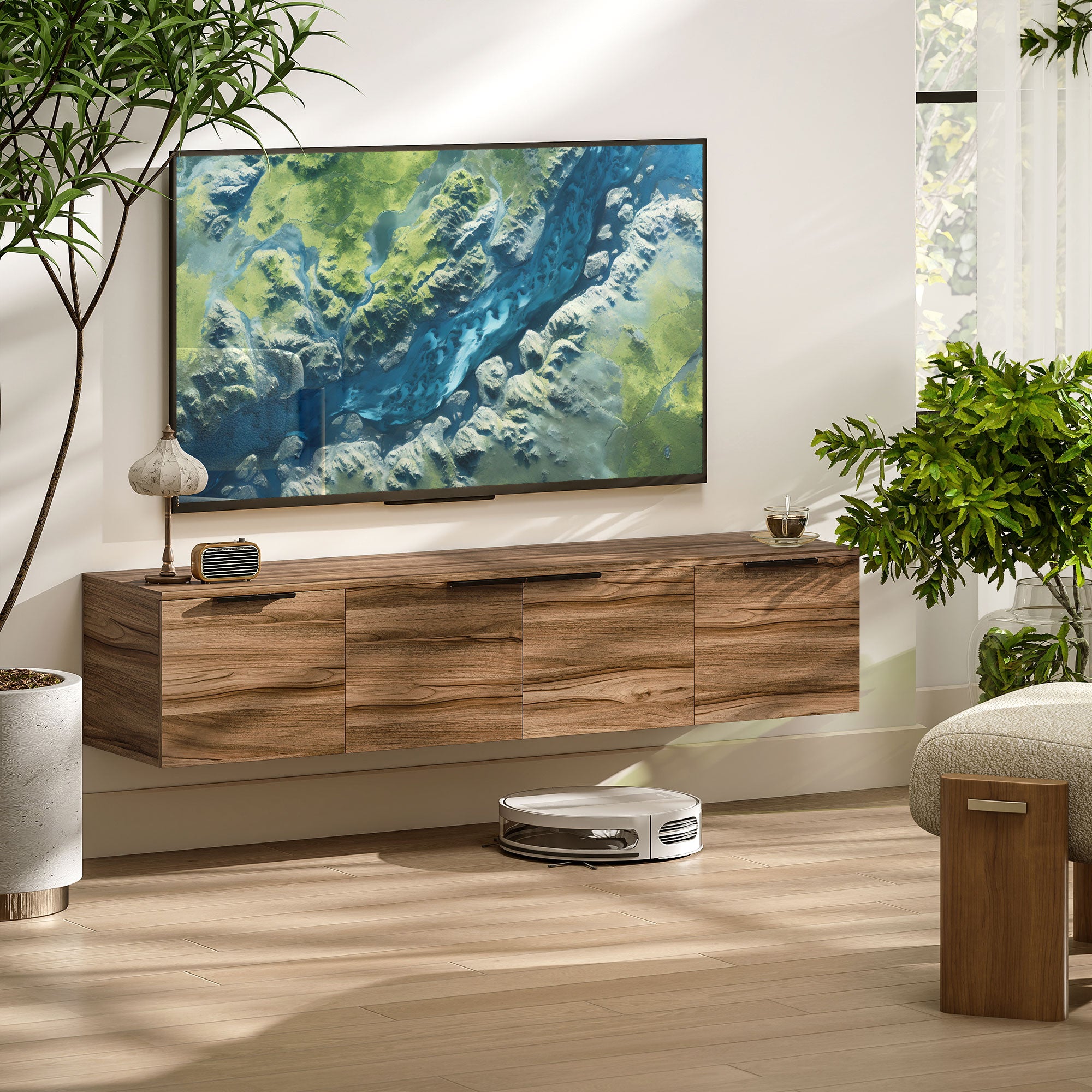 Floating TV Unit, 150 cm Wall Mounted TV Stand Cabinet with Shelves and Doors, Entertainment Media Console for Living Room, Bedroom, Rustic Brown