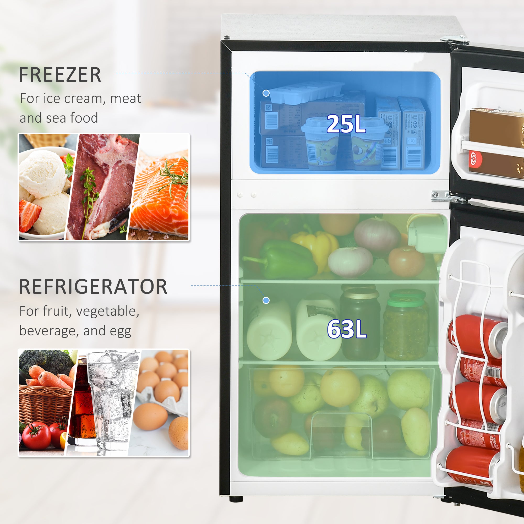 Fynco - 88L Under Counter Fridge Freezer, Small Refrigerator with 5-Setting, 3 Star Freezer Rating, Black