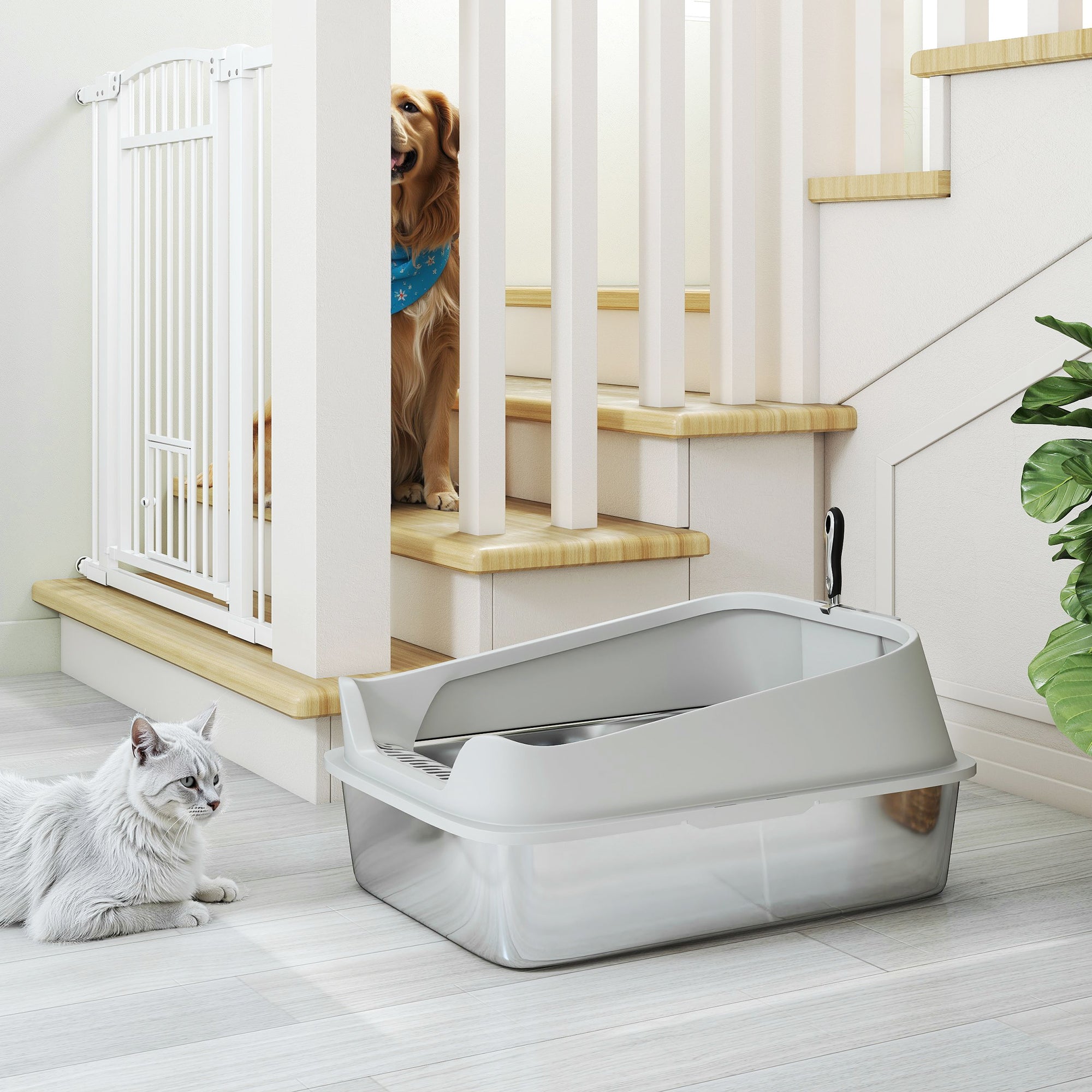 XXL Stainless Steel Cat Litter Box with High Sides, Metal Scoop, 70 x 50 x 30 cm