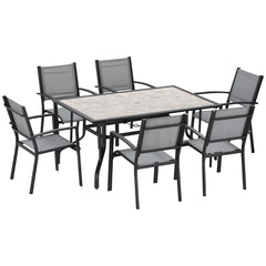 7 Pieces Garden Dining Set, 6 Seater Garden Table and Chairs with Parasol Hole, Outdoor Furniture Armchairs and Stone-like Plastic Top Table with Breathable Mesh Fabric Seat, Grey