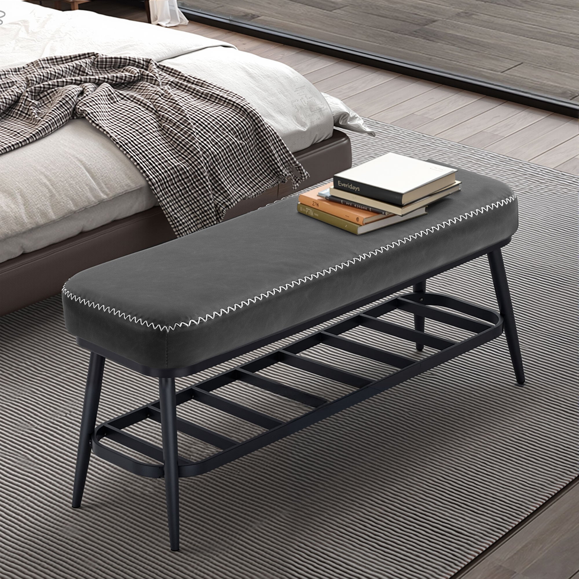 Fynco - PU Leather Shoe Storage Bench - Charcoal Grey