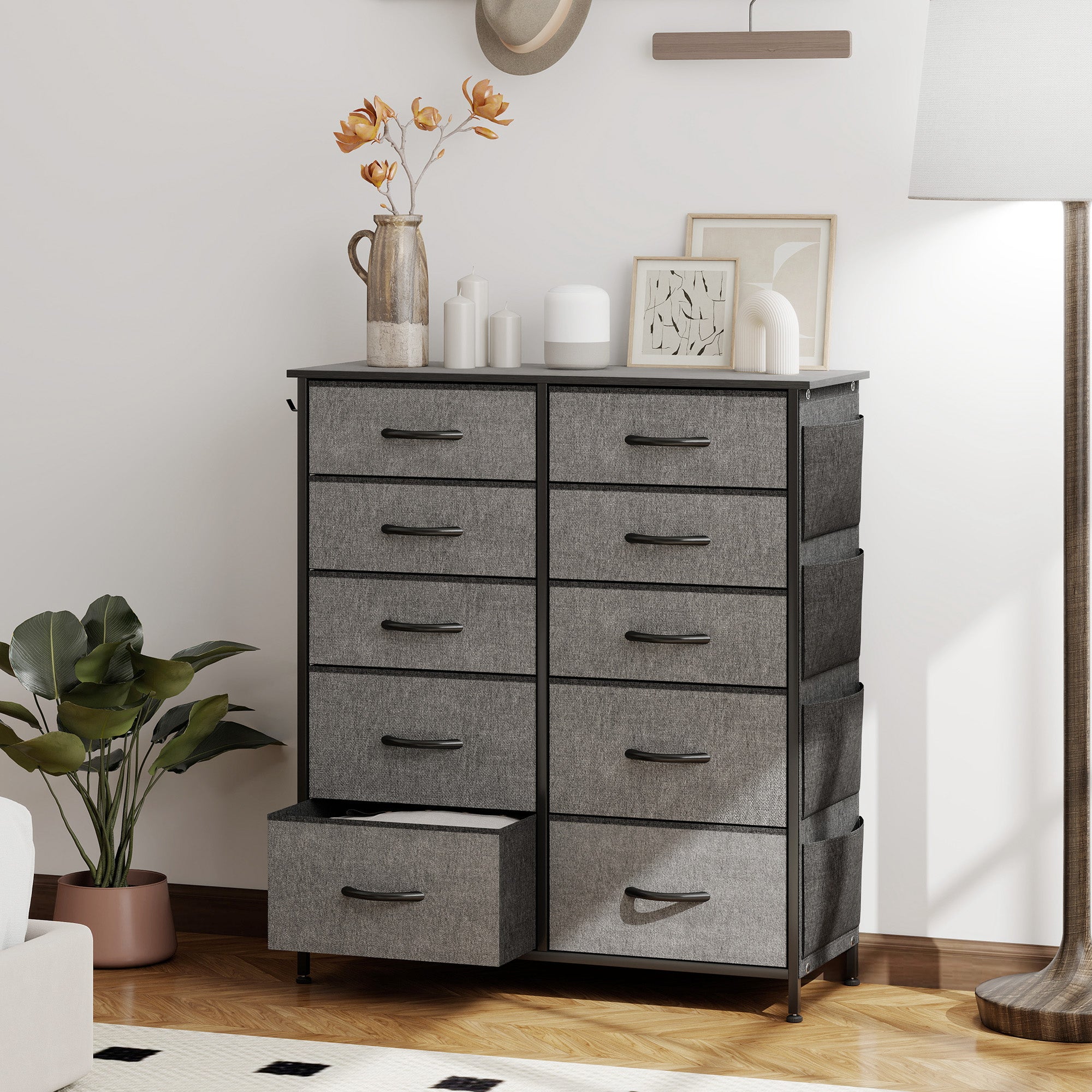 Chest of Ten Fabric Drawers - Charcoal Grey