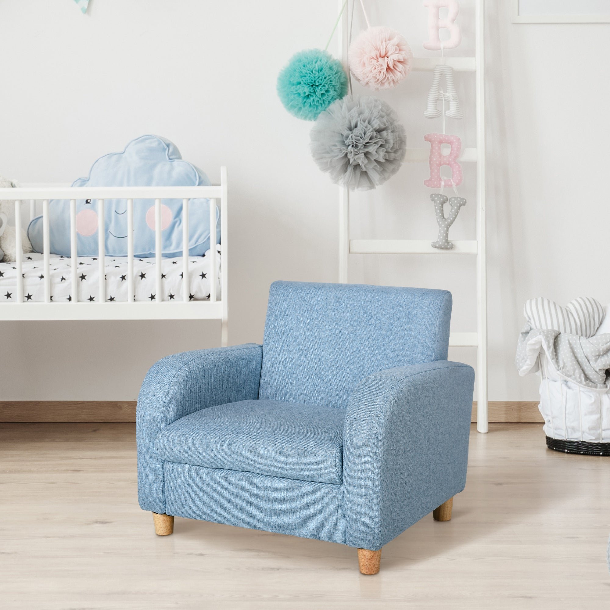 Children's Armchairs Toddler Chair Wood Frame Anti-Slip Legs High Back Bedroom Playroom Furniture Blue