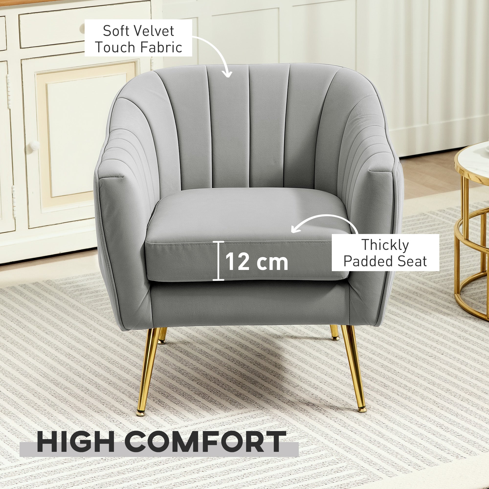 Velvet-Feel Shell Back Accent Chair - Grey