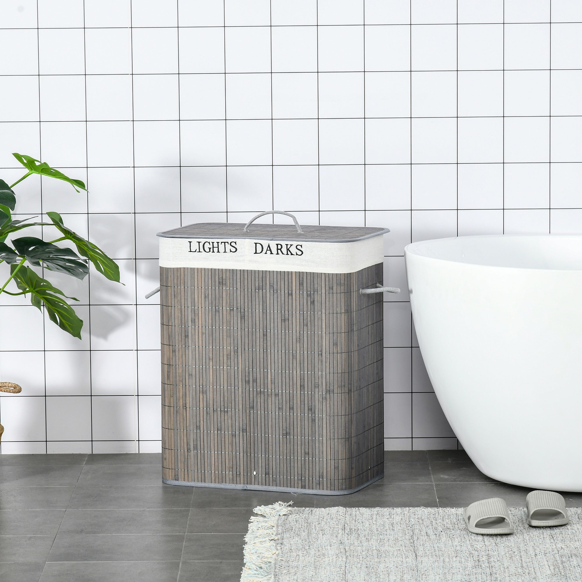 100L Laundry Basket with Lid String Handles, 2 Section Collapsible Hamper Removable Lining Foldable Water-Resistant Dirty Clothes Storage, Grey