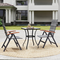 2 Pieces Folding Rattan Garden Dining Chairs with 5-level Reclining High Back, Wood Armrests for Outdoor - Light Grey