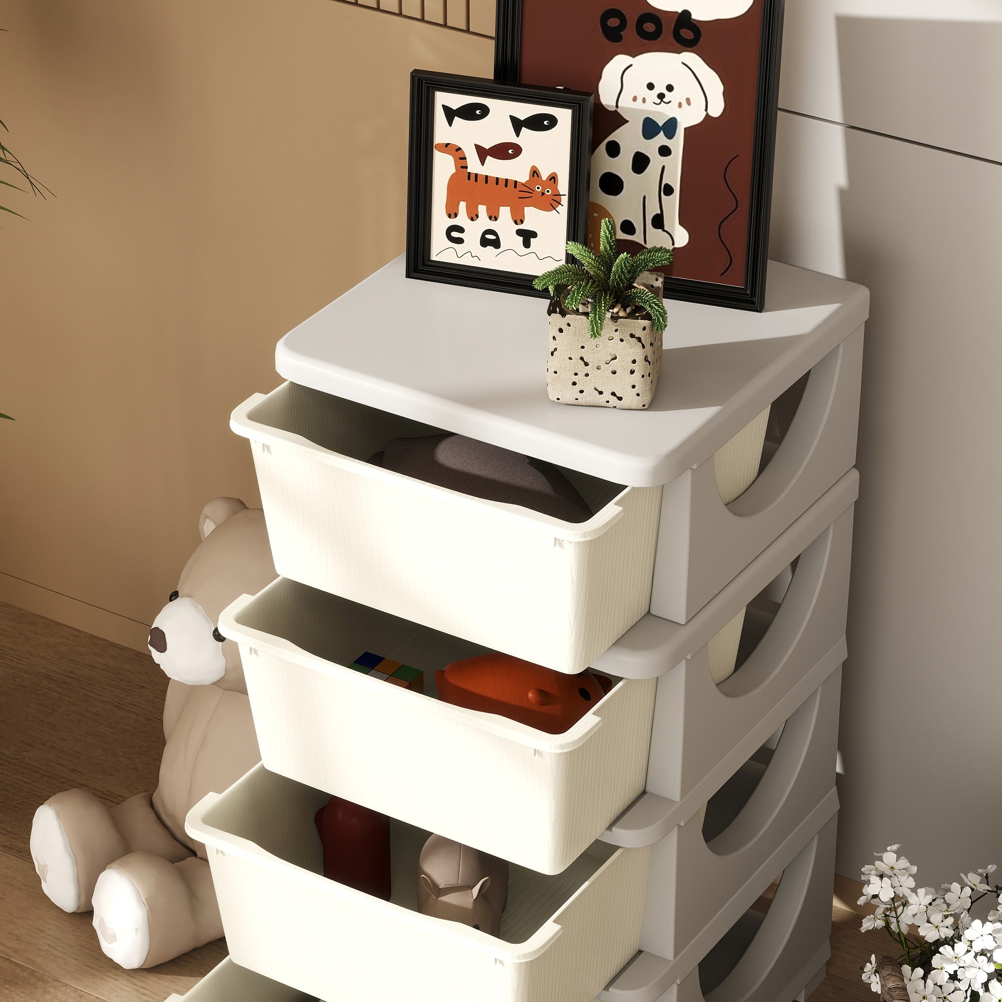 Four-Tier Kids Storage Boxes, with Four Drawers - White