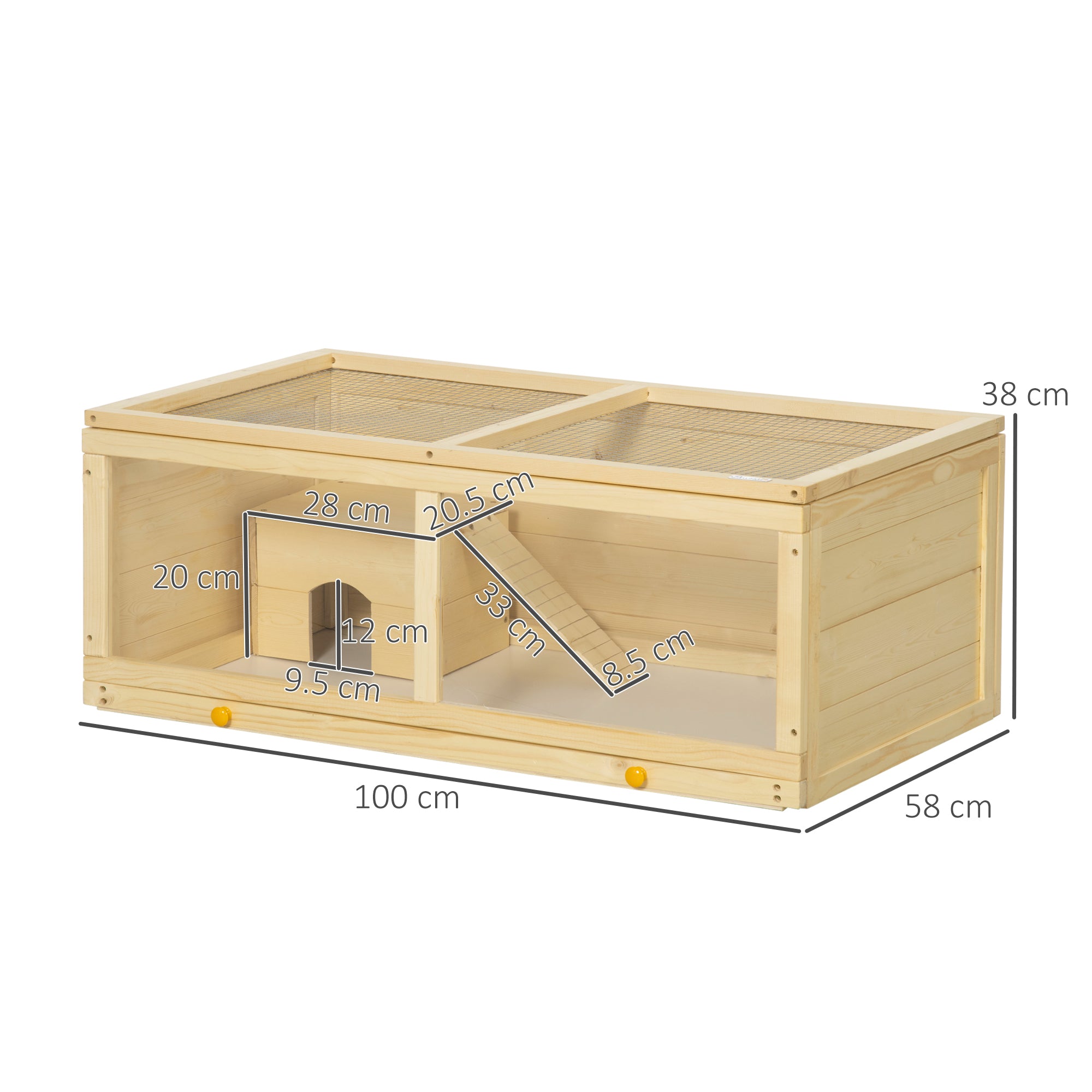Wooden Hamster Cage with Sliding Tray, Openable Top, Hut for Syrian Hamster, Natural Wood Finish