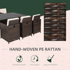 10 Seater Rattan Cube Garden Furniture Set with Parasol Hole, Rattan Dining Set with Cushions, Outdoor Dining Table and Chairs with Rectangular Glass Top Table for Patio, Mixed Brown