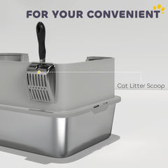 High Sided Stainless Steel Litter Box, Metal Cat Litter Tray with Metal Scoop, Litter Mat, Never Absorbs Odors, Grey