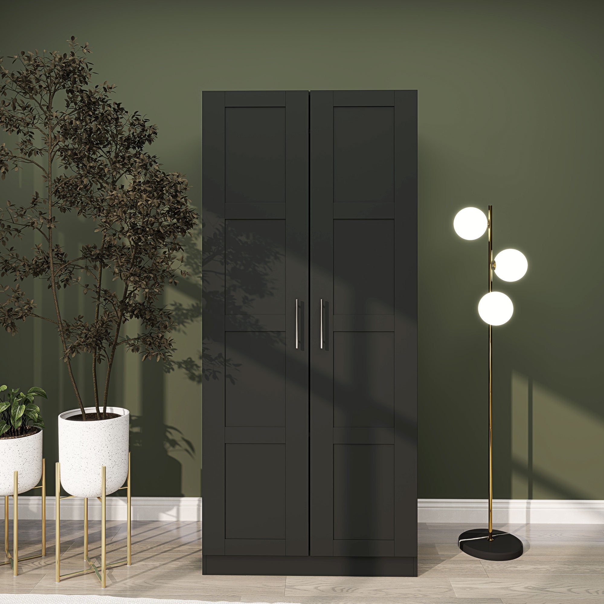 Double Panel Door Wardrobe, with Shelves - Black