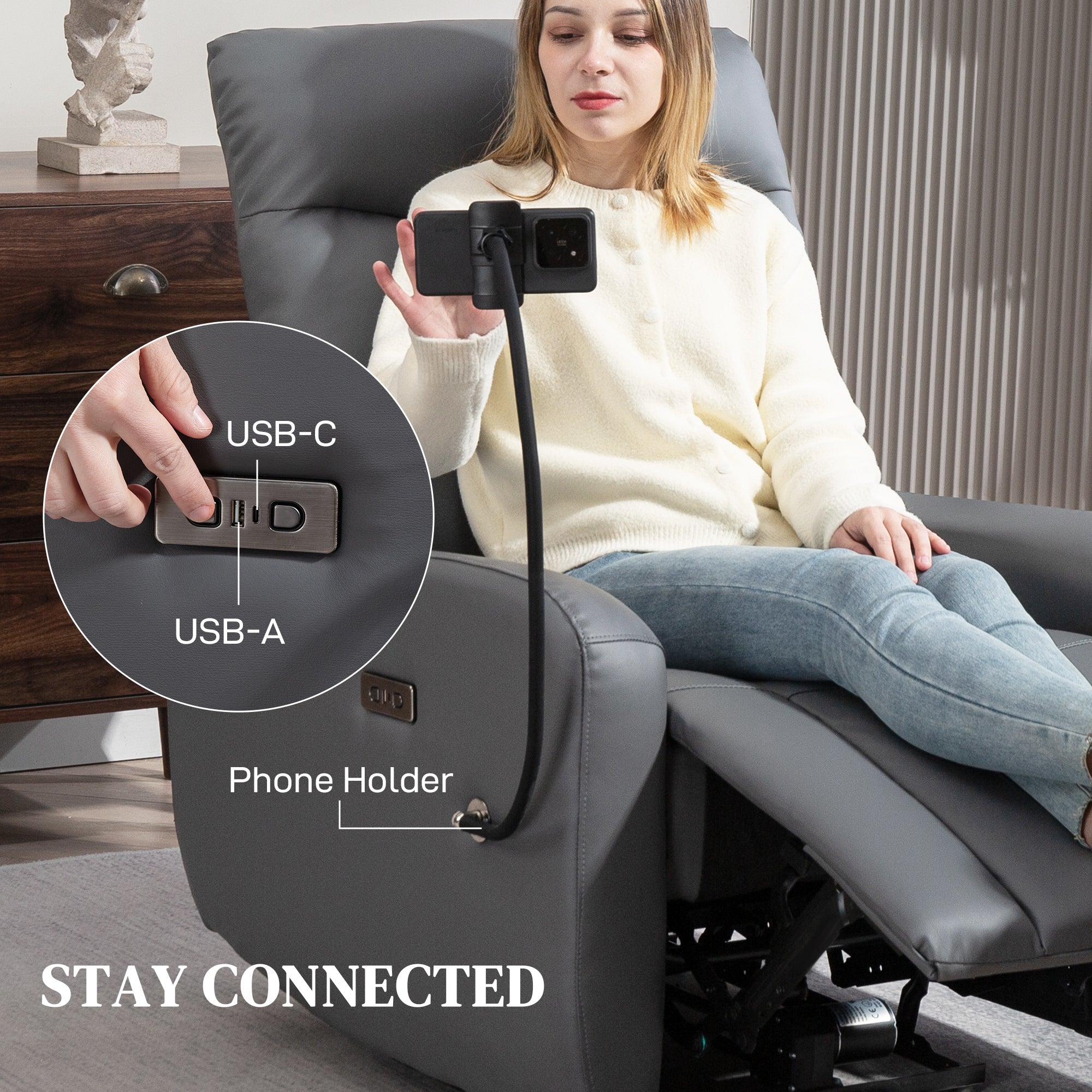 Electric Recliner Armchair with USB + Type C Charge Port, Phone Holder, PU Leather Reclining Chair with Adjustable Leg Rest, Recliner Chair for Home Living Room Theater, Grey