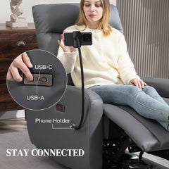 Electric Recliner Armchair with USB + Type C Charge Port, Phone Holder, PU Leather Reclining Chair with Adjustable Leg Rest, Recliner Chair for Home Living Room Theater, Grey