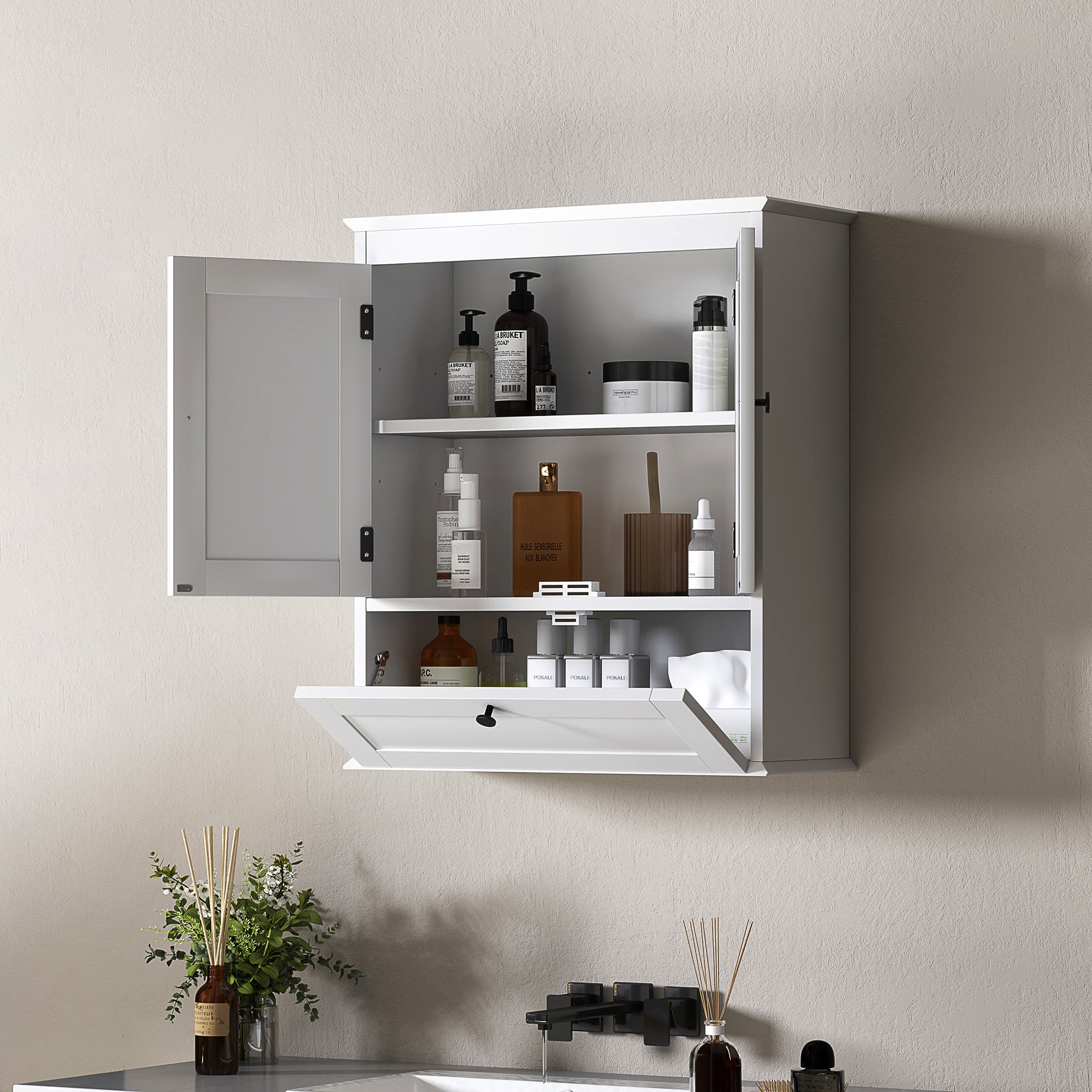 Fynco - Bathroom Wall Cabinet with Adjustable Shelf and Recessed Doors, White