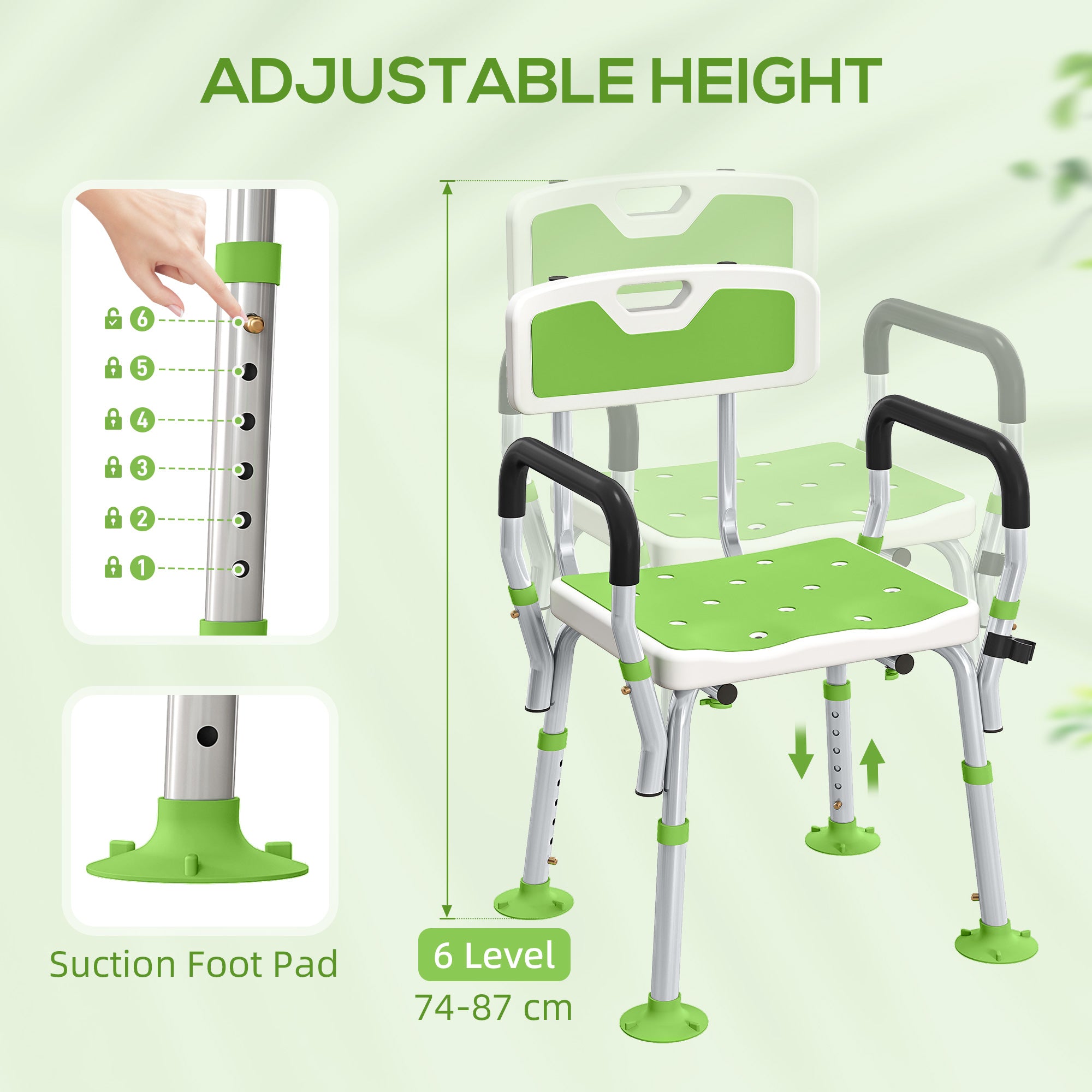 Fynco - EVA Padded Shower Chair for the Elderly and Disabled, Height Adjustable Shower Stool with Back and Arms, 4 Suction Foot Pads, Green