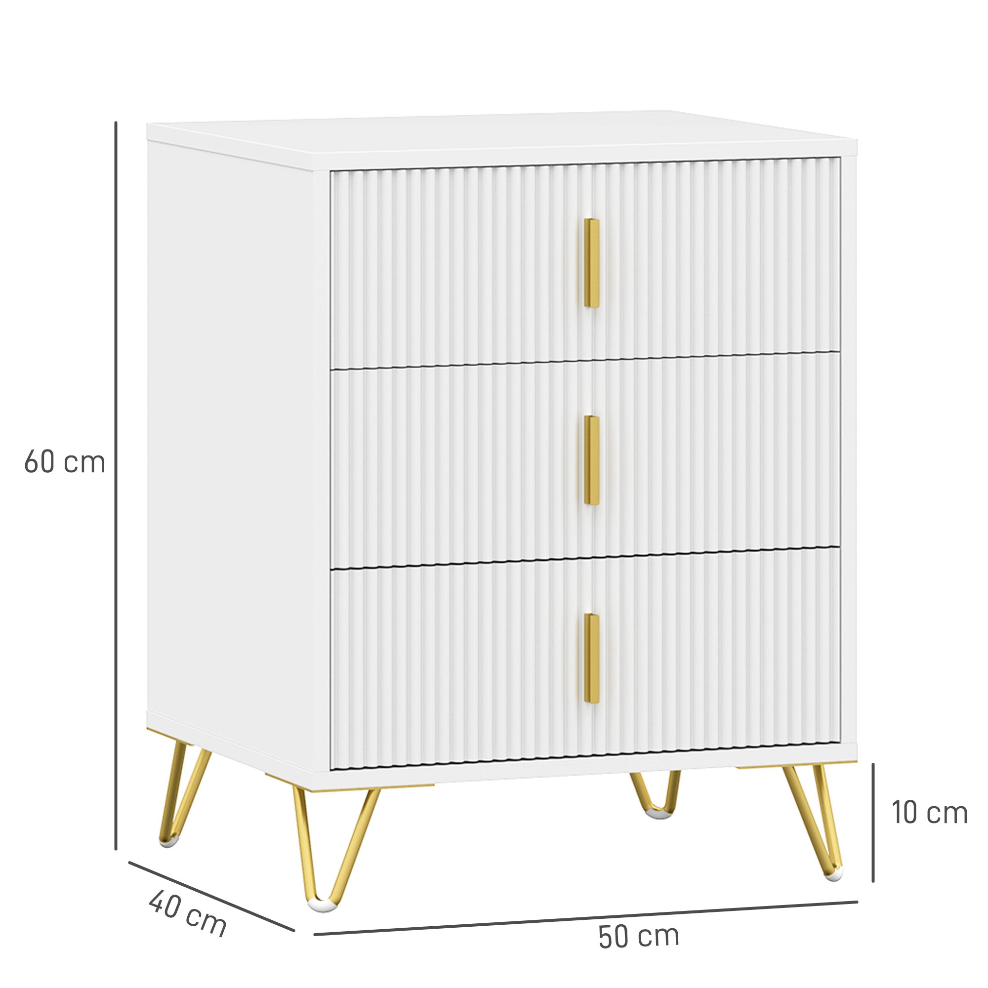 Set of 2 Elegant Chest of Three Drawers - White/Gold-Tone