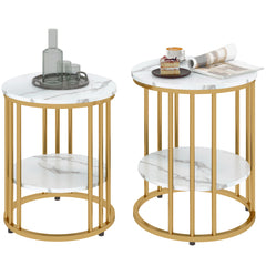 Set of Two Marble-Effect Coffee Tables - White/Gold-Tone