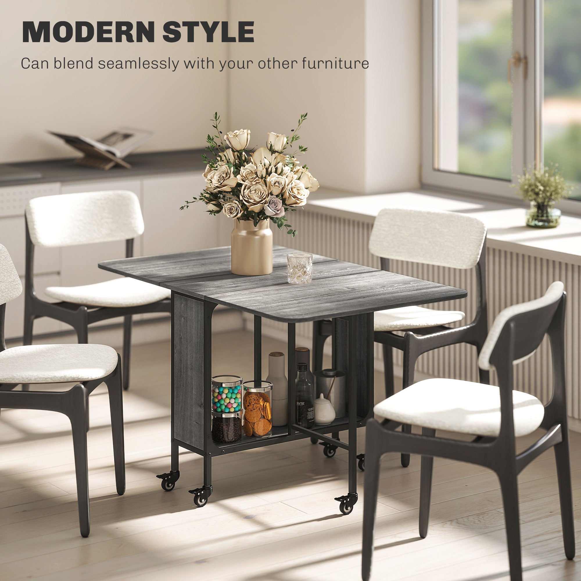 Six-Person Drop Leaf Dining Table - Grey/Black