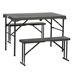 Folding Picnic Table with 2 Benches, 3-Piece Portable Garden Furniture Set for 4, Dining Table Set with Plastic Top, Steel Frame, Dark Grey
