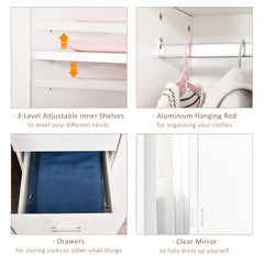 2 Door 3 Drawer Mirrored Wardrobe with Hanging Rail, Modern Clothes Storage Cupboard with Mirror, Drawers and Adjustable Shelves for Bedroom, 80 x 50 x 180 cm, White