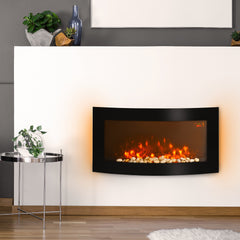 Fynco - Led Wall Mounted Fireplace Curved Glass Electric Fire Place Fire Place 7 Colour Side Lights Slimline, 1000/2000W, 89.2cm x 48cm