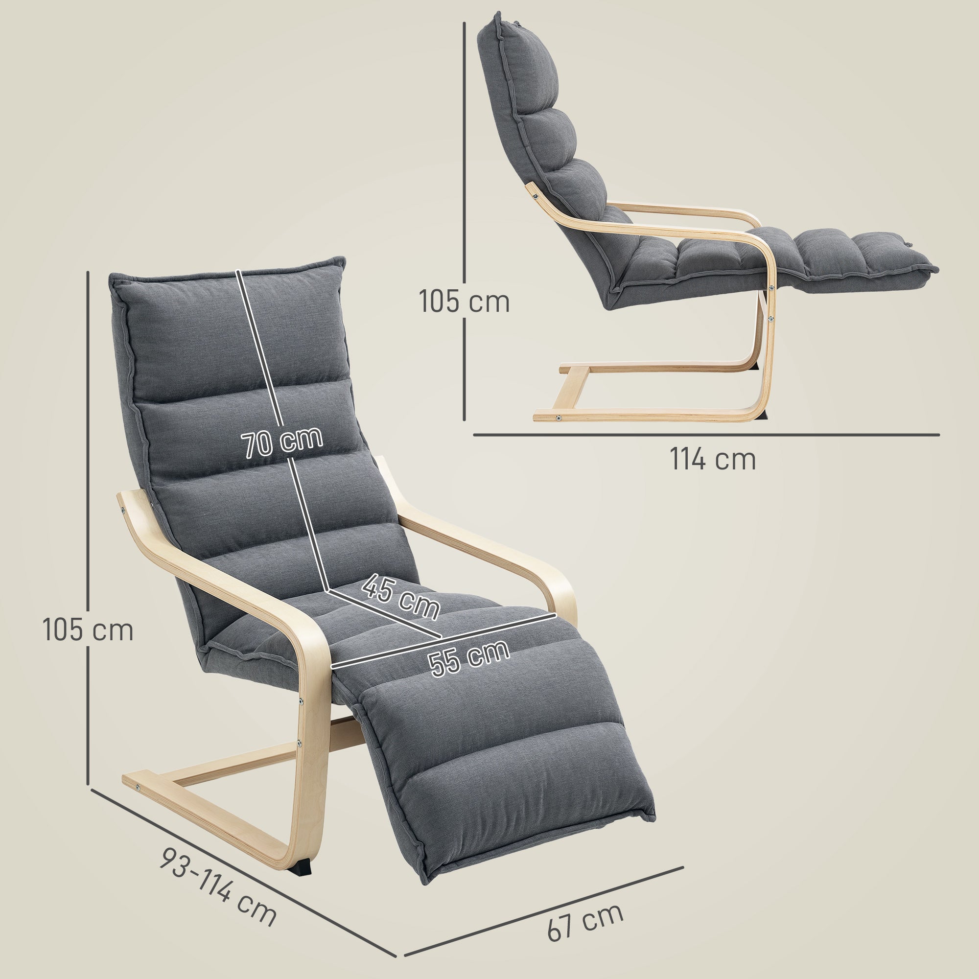 Curved Wooden Accent Chair, with Adjustable Footrest - Drak Grey