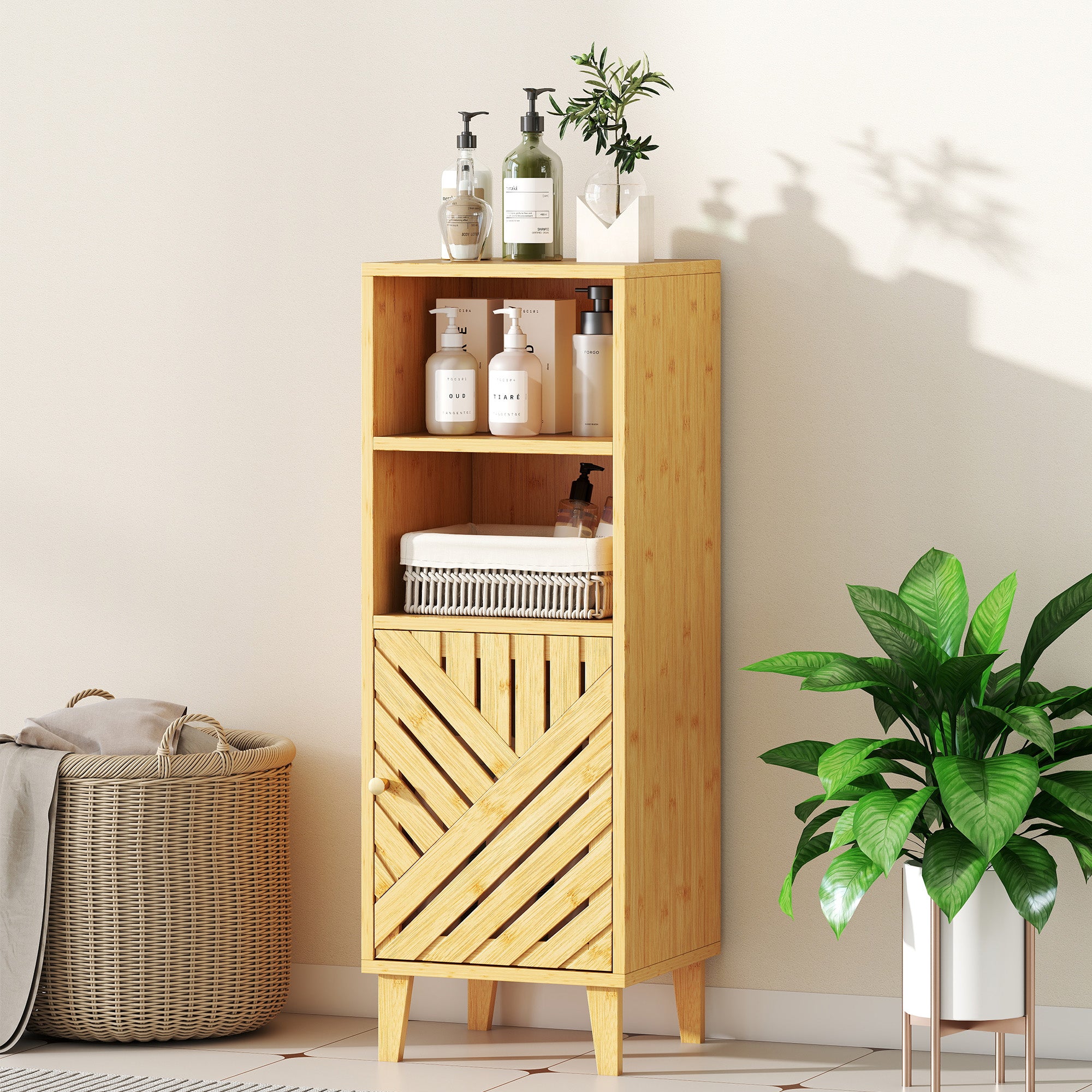Fynco - Slim Bathroom Cabinet with Bamboo Door and Legs, Narrow Bathroom Storage Cabinet, Freestanding Storage Cupboard with Open Compartments, 32 x 30 x 90 cm, Natural Wood Finish