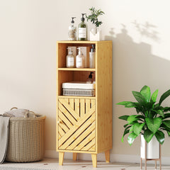 Fynco - Slim Bathroom Cabinet with Bamboo Door and Legs, Narrow Bathroom Storage Cabinet, Freestanding Storage Cupboard with Open Compartments, 32 x 30 x 90 cm, Natural Wood Finish
