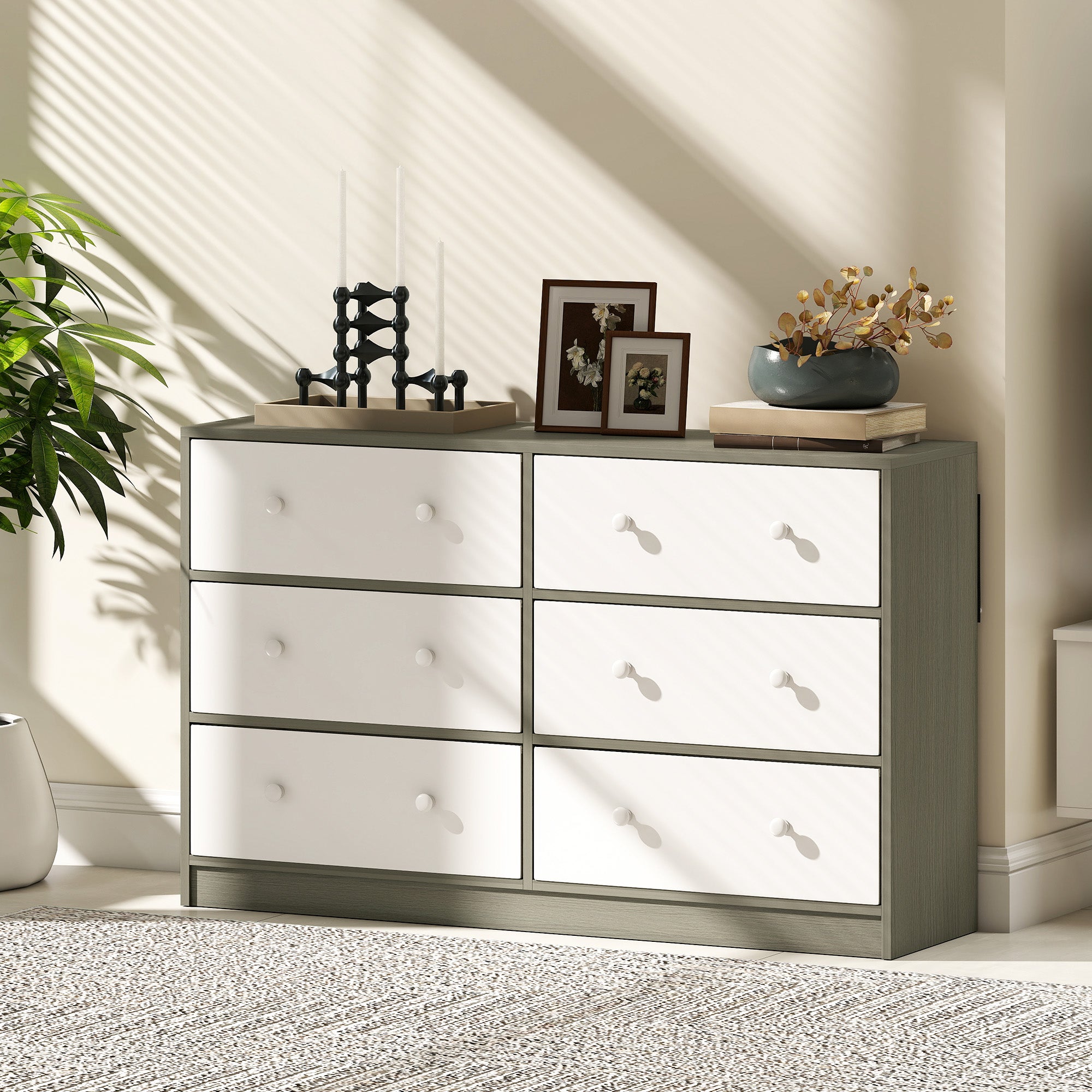 Chest of Drawers, Dresser with 6 Fabric Drawers - White and Grey