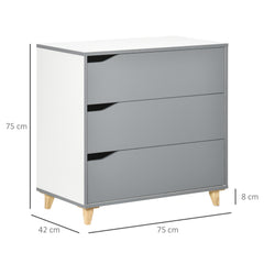 Fynco - Drawer Chest, 3-Drawer Storage Cabinet Unit with Pine Wood Legs for Bedroom, Living Room, 75cmx42cmx75cm, Grey