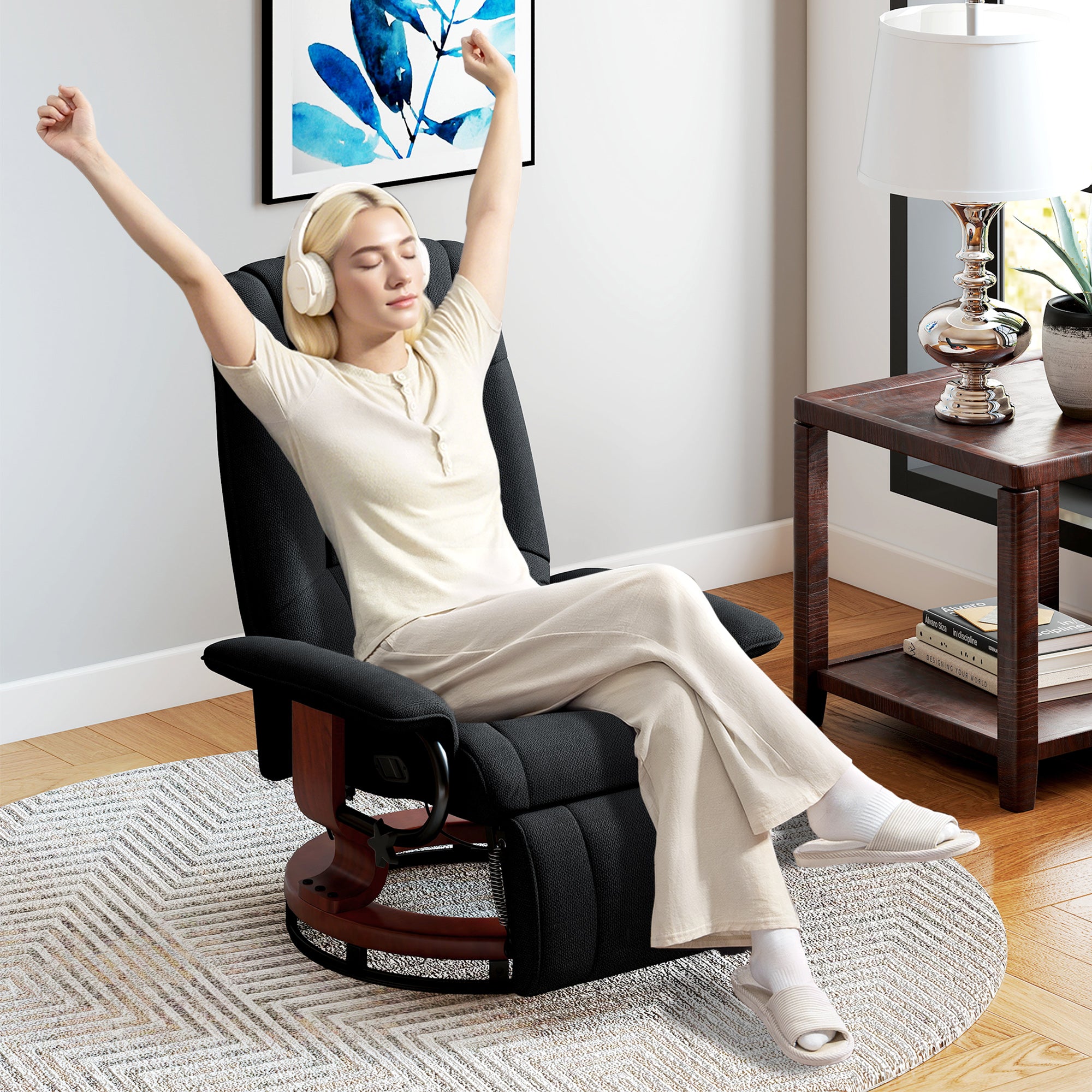 Fynco - Reclining Swivel Chair, with Footrest - Black