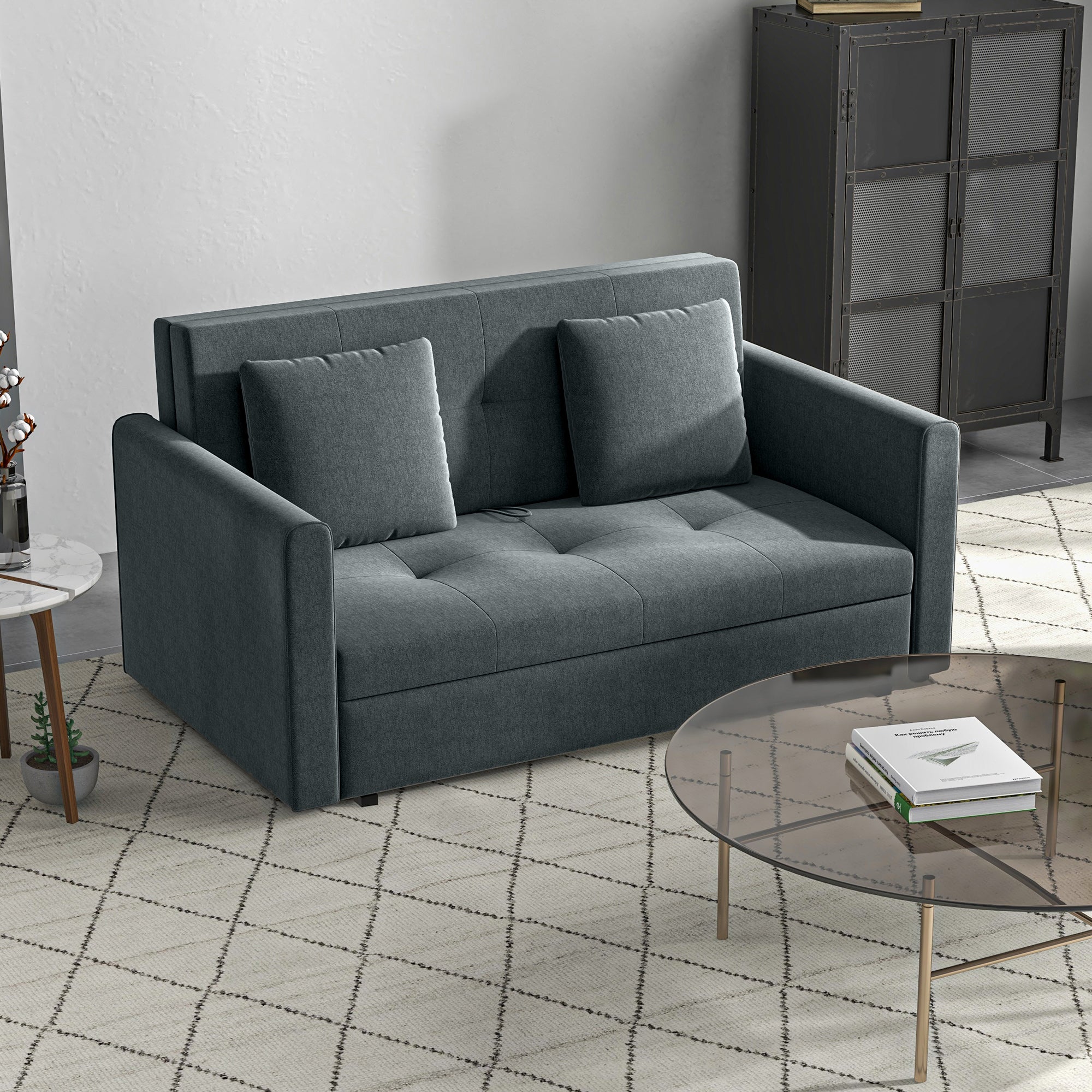 2 Seater Sofa Bed, Convertible Bed Settee, Modern Velvet Loveseat Sofa Couch with 2 Cushions, Hidden Storage for Living Room, Guest Room, Dark Grey