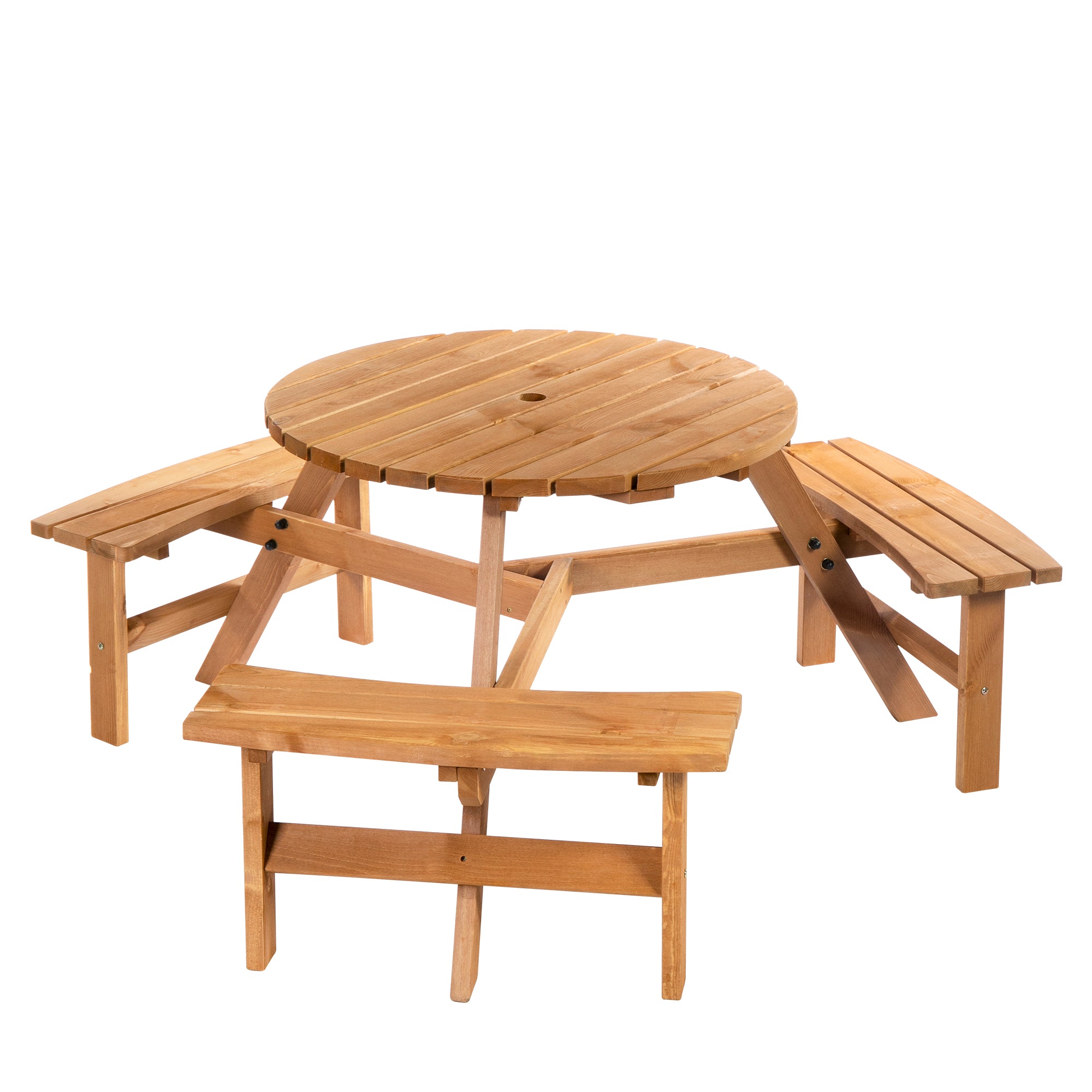 6 Seater Wooden Picnic Table and Garden Benches Set, Round Garden Dining Set with 3 Benches and Umbrella Hole Outdoor Garden Park, Brownish Red