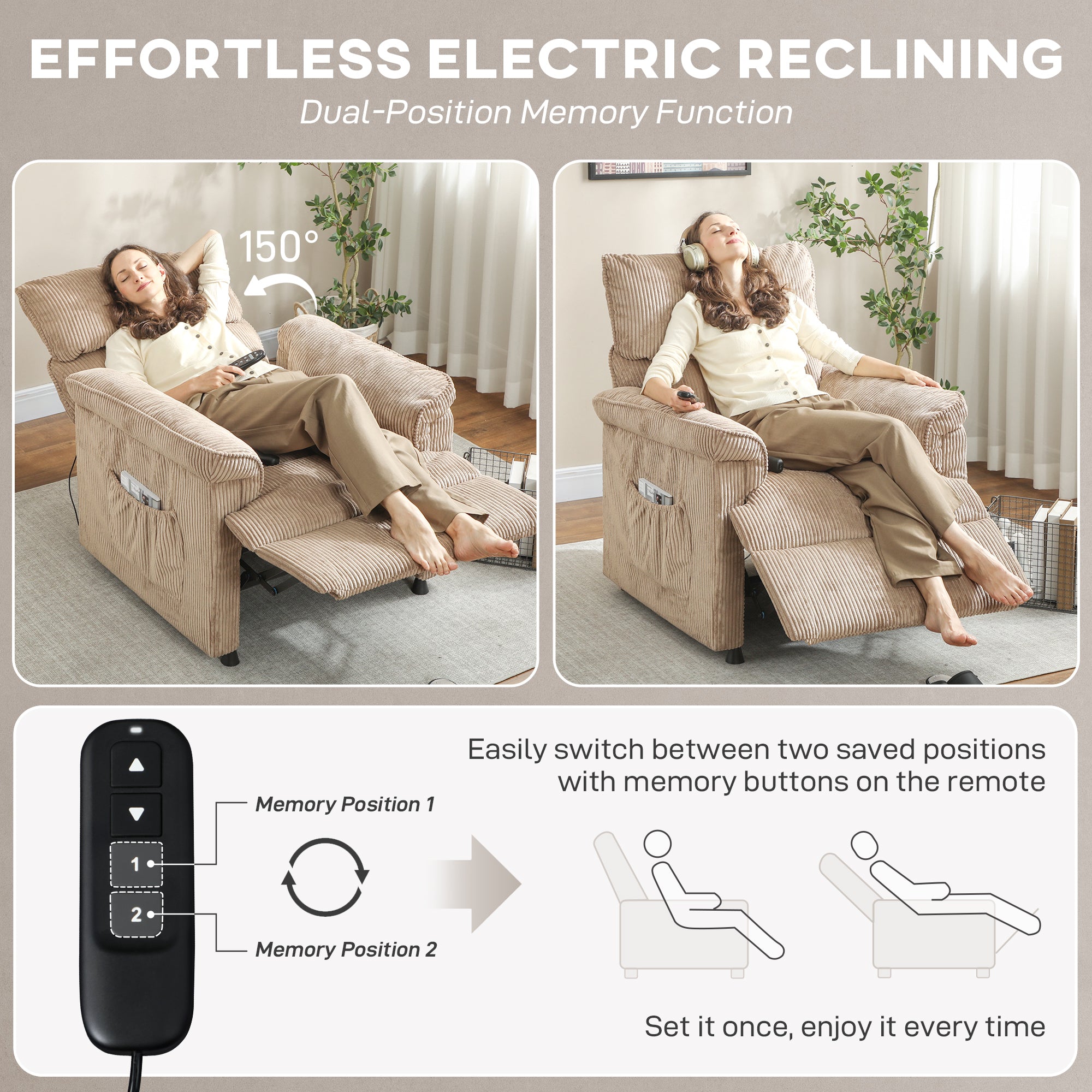 Fynco - Corduroy Electric Massage Recliner - Brown