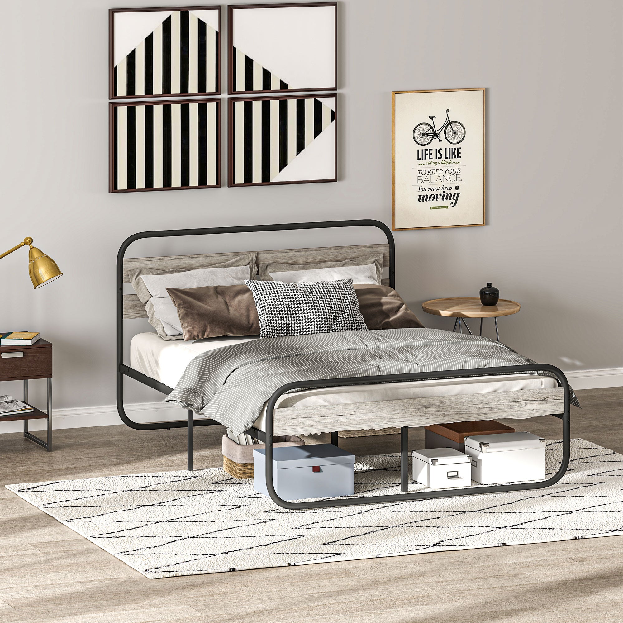 4ft6 Double Bed Frame, Industrial Style Metal Platform Bed Frame with Under Bed Storage, No Box Spring Needed, Easy Assembly, Grey