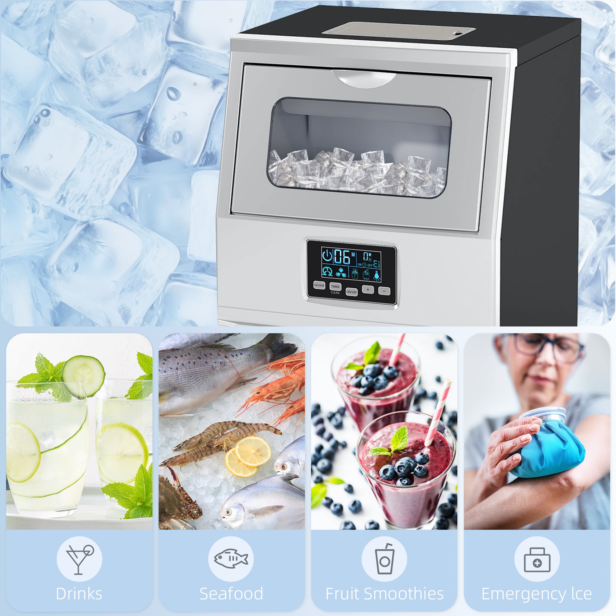 Commercial Ice Maker Machine, Freestanding Industrial Ice Cube Maker with Digital Control, Ice Scoop, Self-cleaning, 4kg Ice Storage, 30kg/24 Hours for Home, Office, Bar, Restaurant