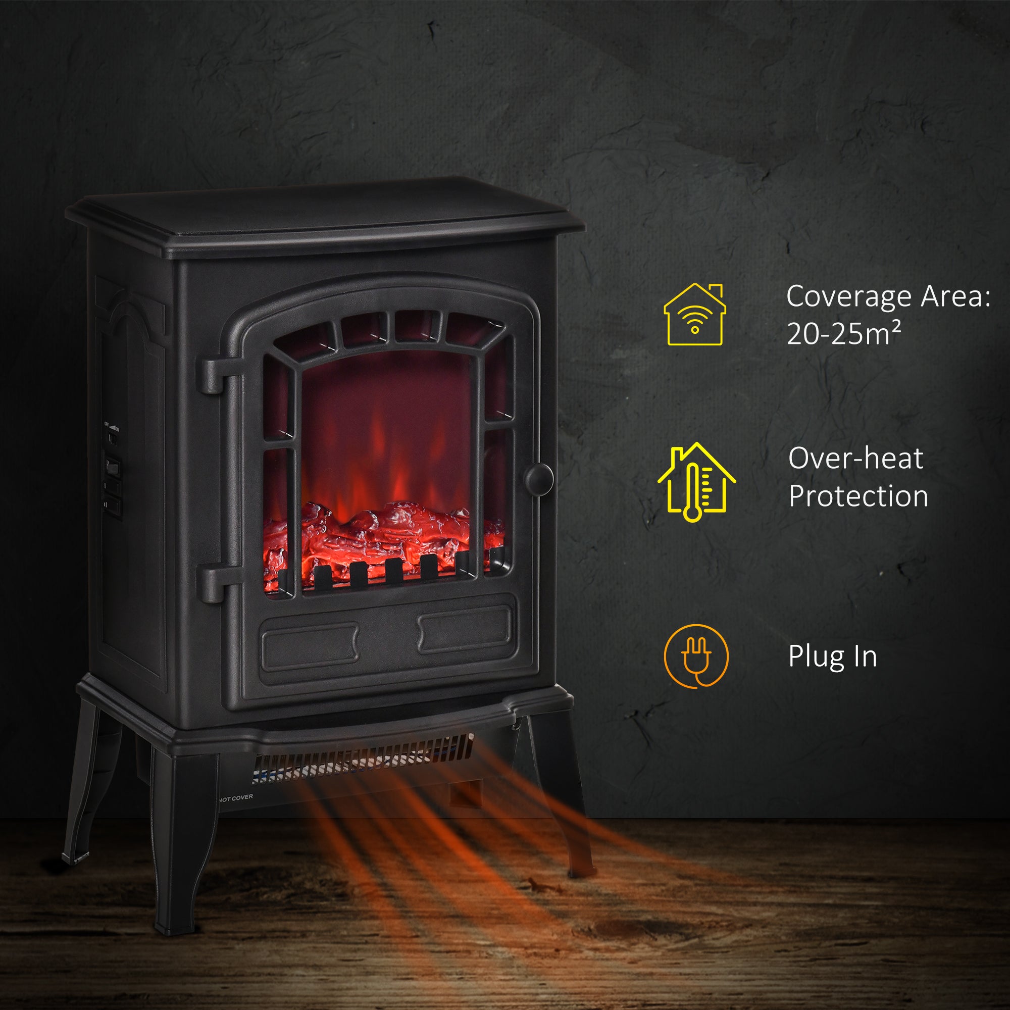 Fynco - Free standing Electric Fireplace Stove, Fireplace Heater with Realistic Flame Effect, Overheat Safety Protection, 1000W/2000W, Black