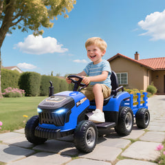 AIYAPLAY 12V Ride on Tractor and Trailer with Remote Control, Music, Shifter, Start-Up Sound, for Kids Ages 3-8 Years, Blue