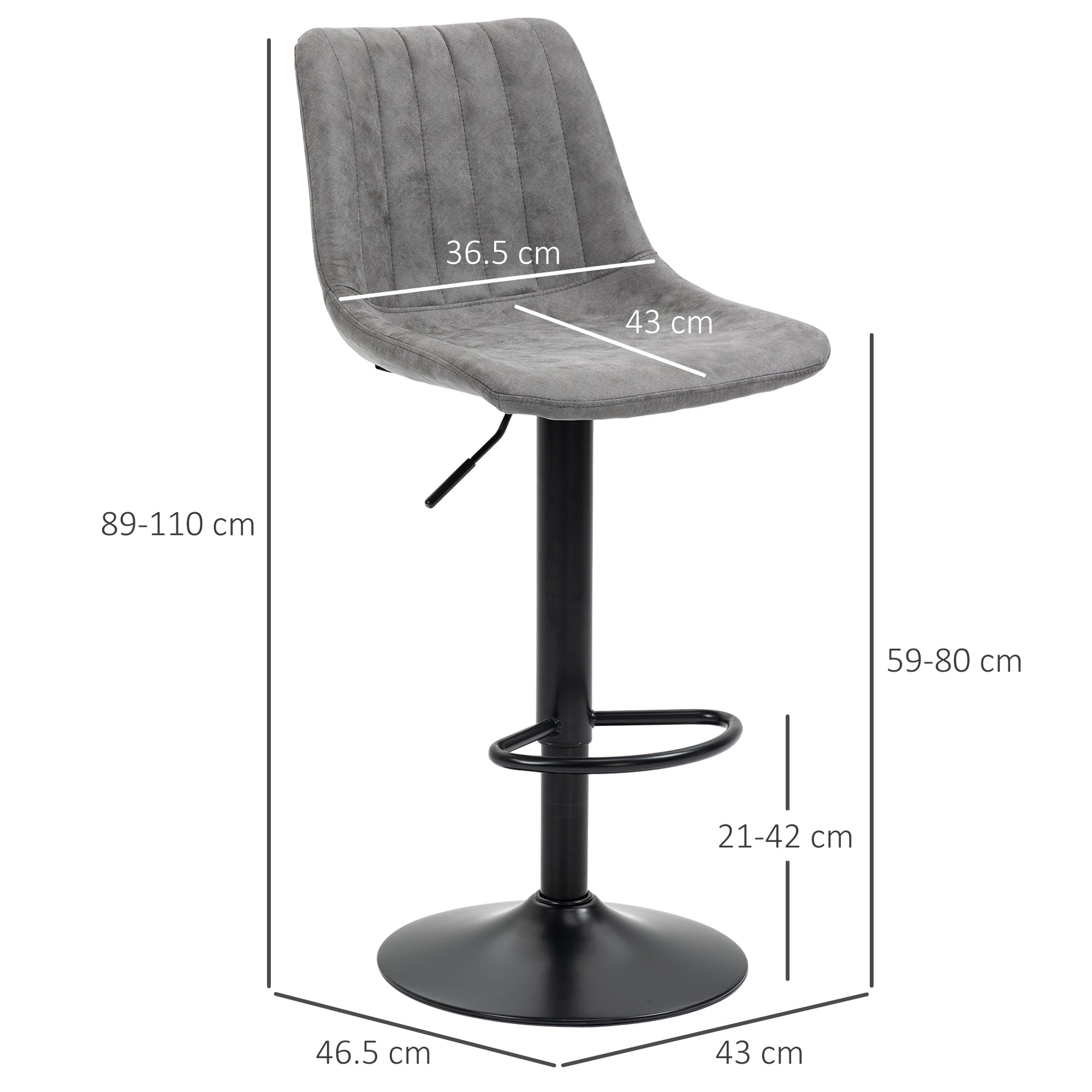 Modern Bar Stools Set of 2, Height Adjustable Swivel Bar Chairs with Backrest, Gas Lift and Footrest, Microfibre Barstools for Breakfast Counter, Kitchen Island, Grey