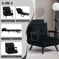4-in-1 Velvet-Feel Single Chair Bed, with Pillow - Black
