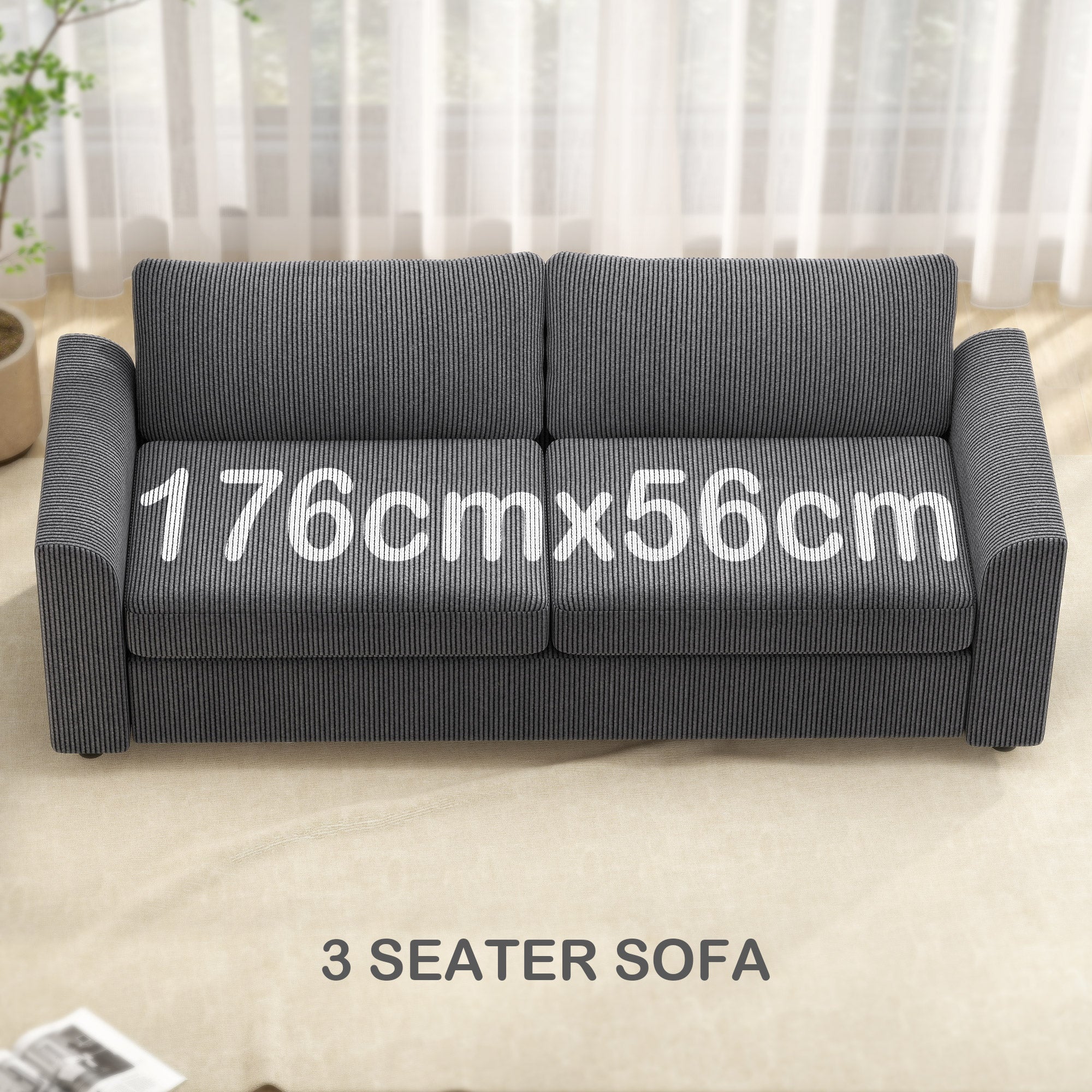Modern 3 Seater Sofa with Spring Cushion, 212 cm Fabric Jumbo Cord Sofa Couch with 2 Scatter Cushions, Upholstered Corduroy Settee for Living Room, Bedroom, Home Office, Grey
