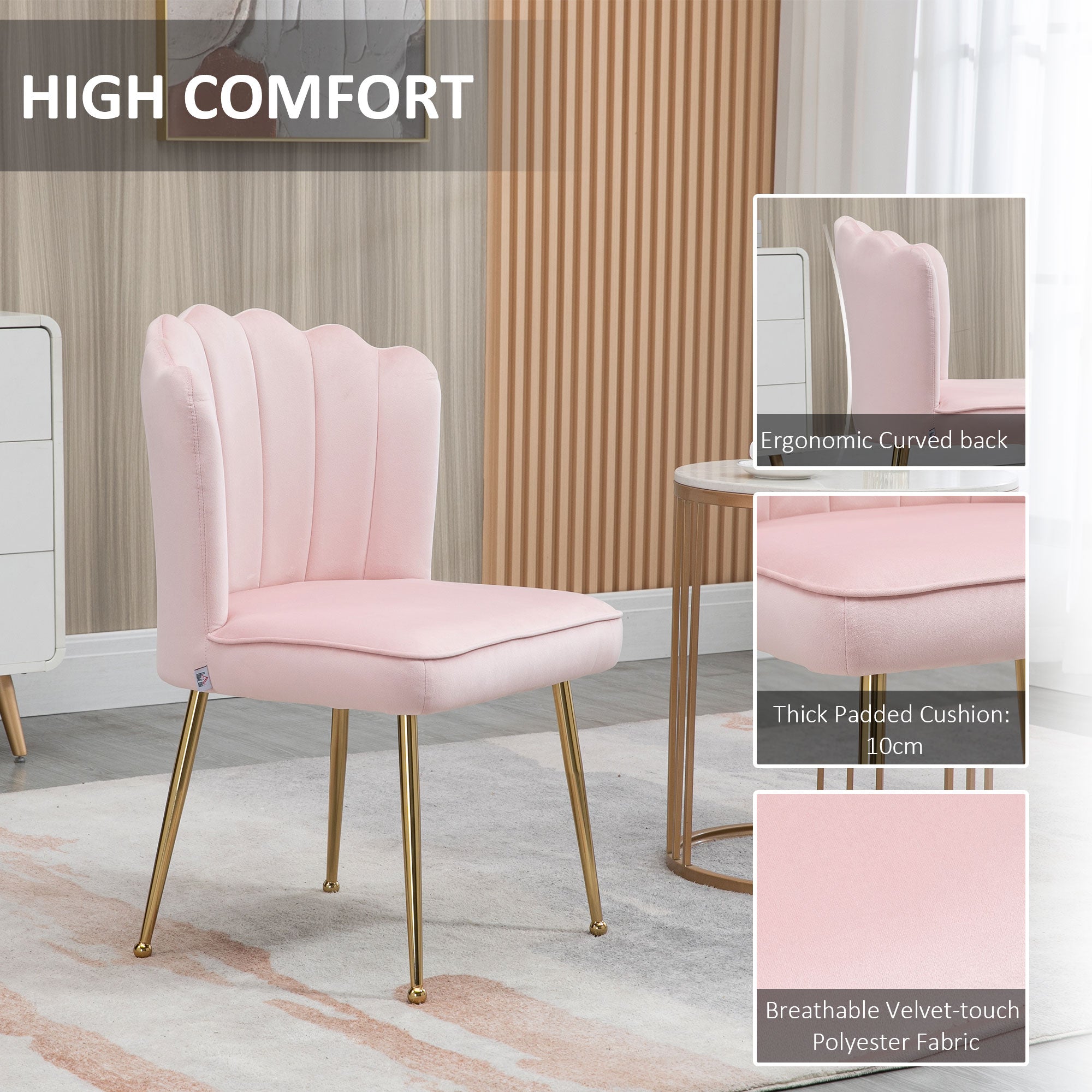 Shell Dining Chairs Set of 2, Upholstered Kitchen Chairs with Gold Metal Legs and Backrest, Velvet Fabric Lounge Leisure Chairs for Living Room, Reception Room, Pink