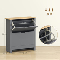 Fynco - Slim Shoe Cabinet, Narrow Shoe Cupboard with 2 Flip Drawers, Adjustable Shelves for 12 Pairs of Shoes, Charcoal Grey