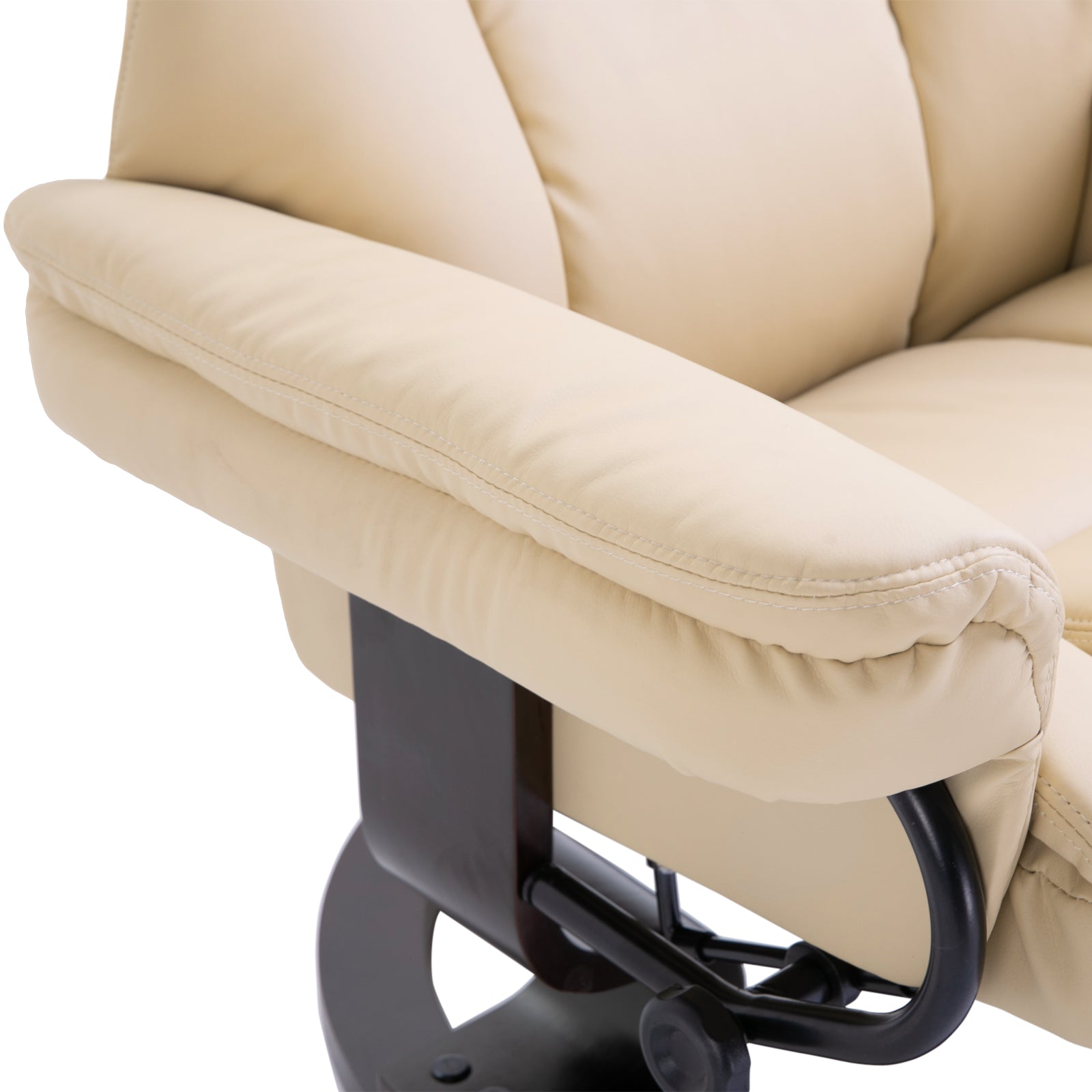 360° Swivel Recliner Chair with Footstool, PU Leather Manual Recliner Armchair with Solid Wood Base, Upholstered Reclining Chair for Living Room, Bedroom, Office, Cream