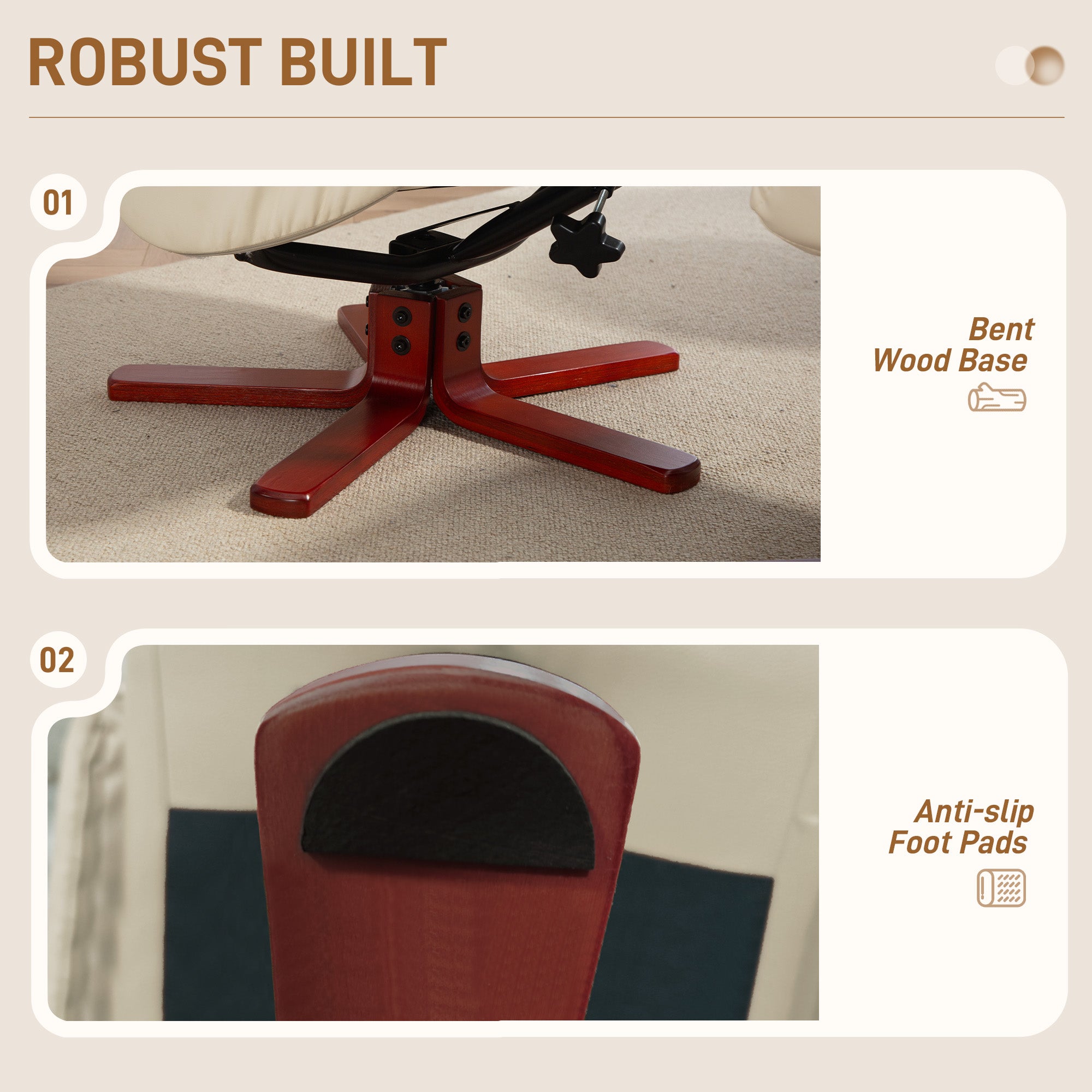 Fynco - Rocking Recliner Chair with Footstool, PU Leather Recliner Armchair with Wood Base, Upholstered Reclining Chair for Living Room Bedroom, Cream