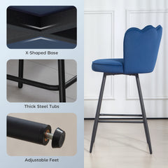 Fynco - Set of Two Velvet-Feel Lotus Bar Stools - Dark Blue