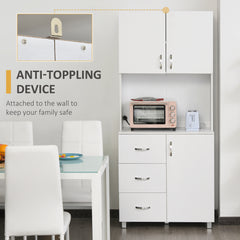 Free standing Kitchen Cupboard, Storage Cabinet with Doors and Sheleves, 3 drawers and Open Space, Adjustable Height Storage Unit, White