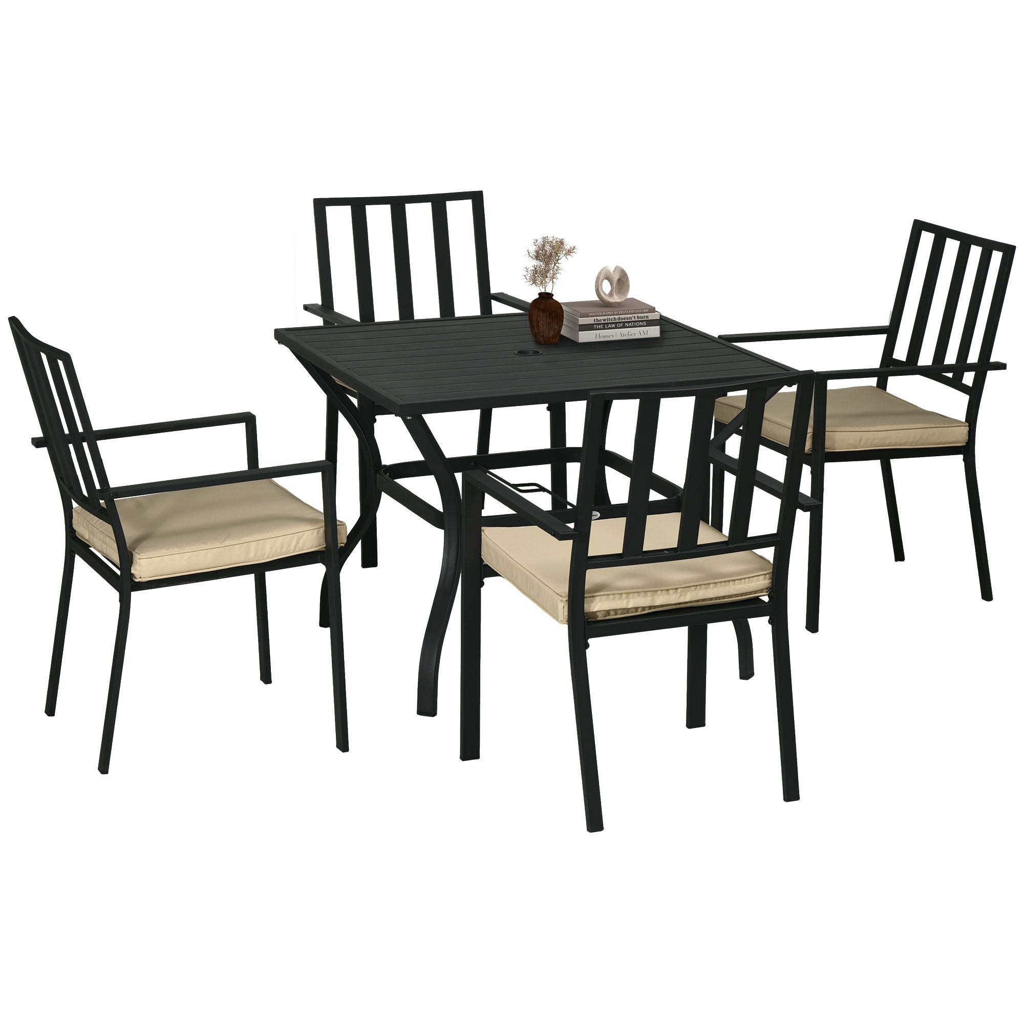 5 Pieces Garden Dining Set with Cushions, Outdoor Patio Table and 4 Stackable Chairs, Metal Top Table with Umbrella Hole, Black
