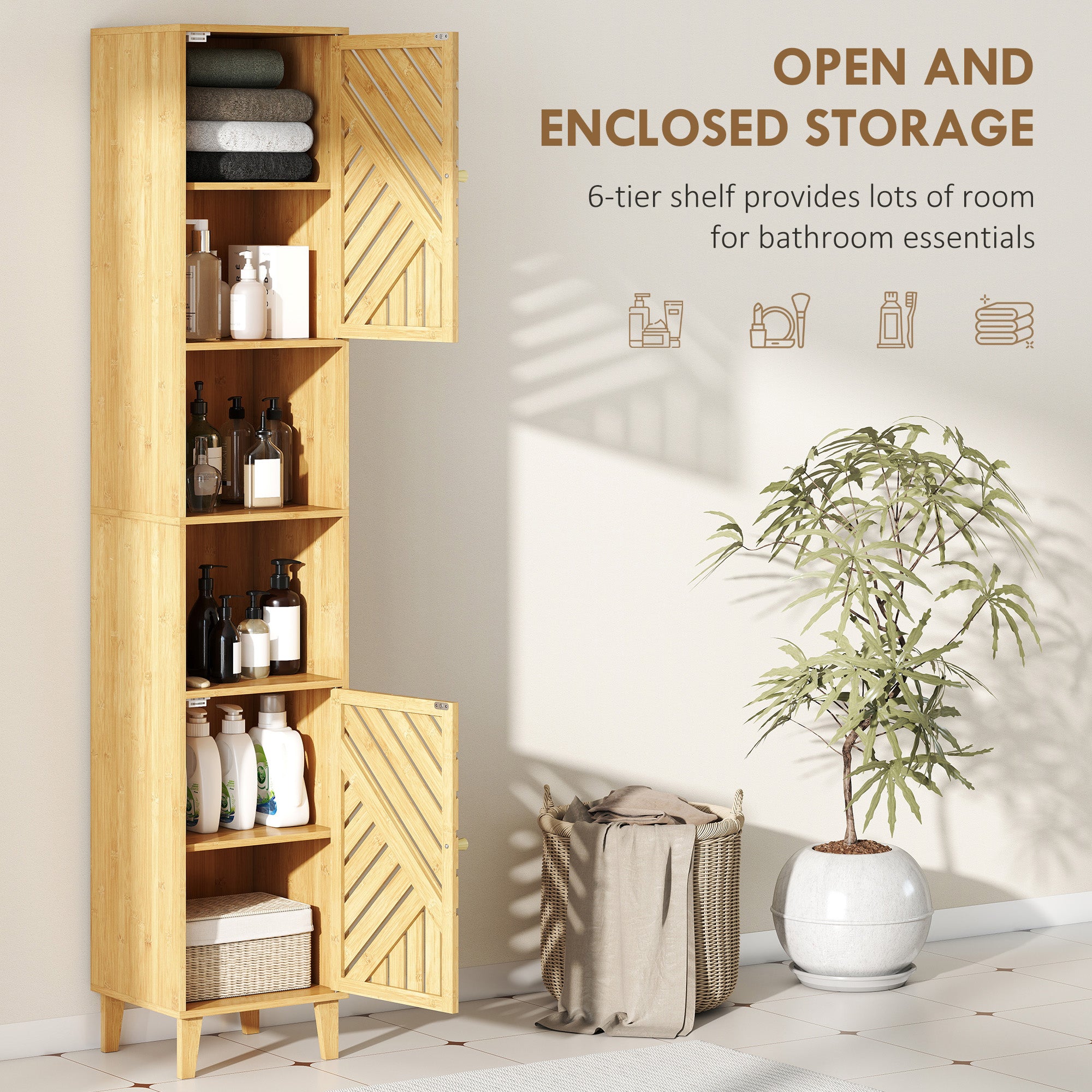 Fynco - Multi-Storage Bamboo Door Bathroom Cabinet - Natural Finish